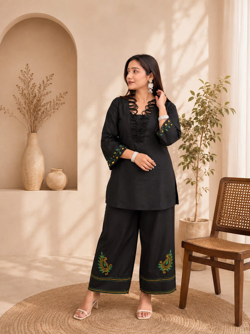 Rahat Fashion Black Embroidered Kurta Palazzo Set